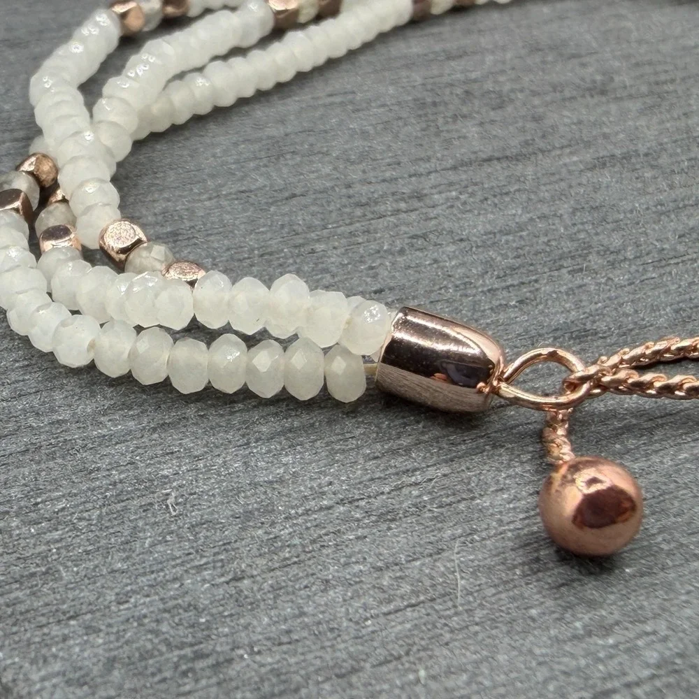 White Faceted Bead 3 Strand Bracelet Rose Gold Tone Adjustable Bolo Slider Gift